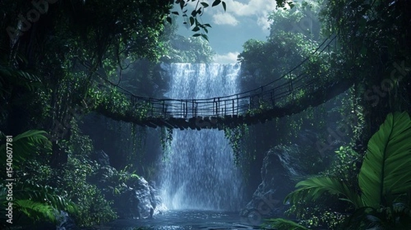 Fototapeta Serene Waterfall Cascading Down Rocky Cliff Surrounded by Lush Greenery and Tropical Plants, with a Suspended Bridge in a Mystical Jungle Setting