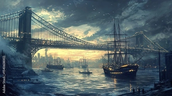 Fototapeta Majestic Sunset Over the River With Historical Ships and Stunning Bridge Silhouette in Atmospheric, Misty Scene of Urban Landscape at Dusk