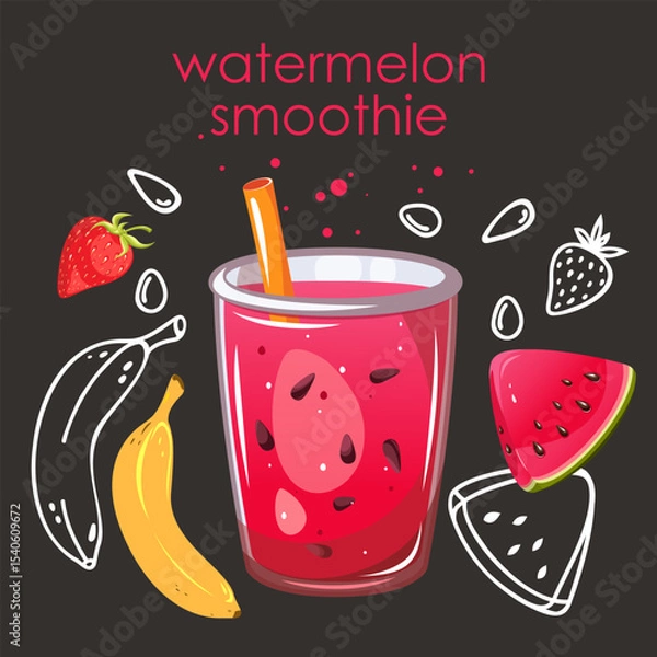 Fototapeta Watermelon smoothie. Summer, refreshing drink with watermelon, banana, strawberry. Vector illustration.