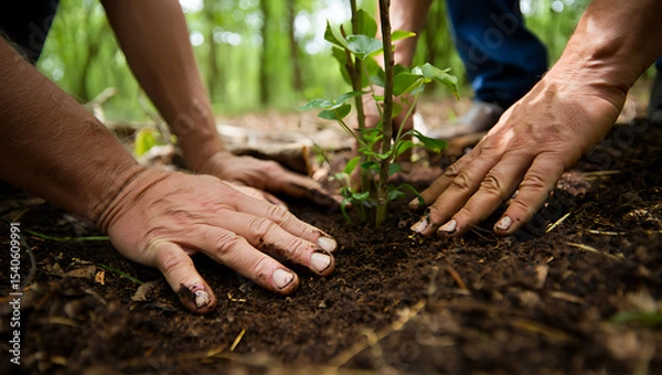 Obraz Planting a sapling teamwork in a forest setting