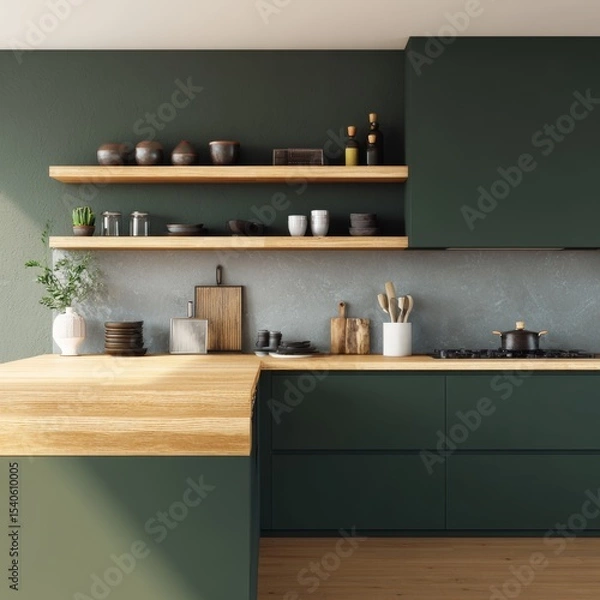 Fototapeta An aesthetic view of modern kitchen interior. The kitchen features a dark green cabinet with a wooden countertop, minimalist design with shelves holding utensils