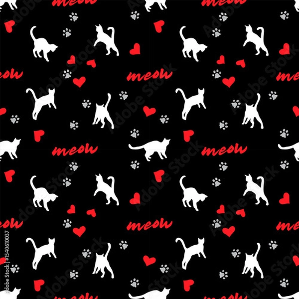 Fototapeta White silhouettes of cats on a dark black background with red hearts and paw prints. Seamless pattern, print, vector illustration