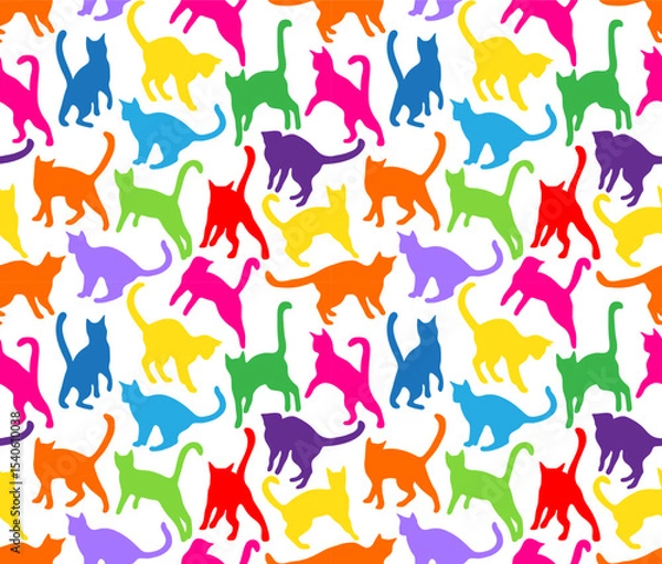 Fototapeta Multicolored bright silhouettes of cats on a white background. Seamless pattern, print, vector illustration