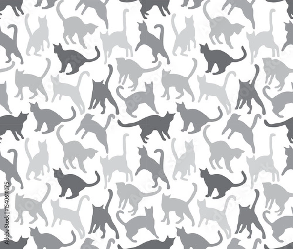 Fototapeta Gray silhouettes of cats on a white background. Seamless pattern, print, vector illustration
