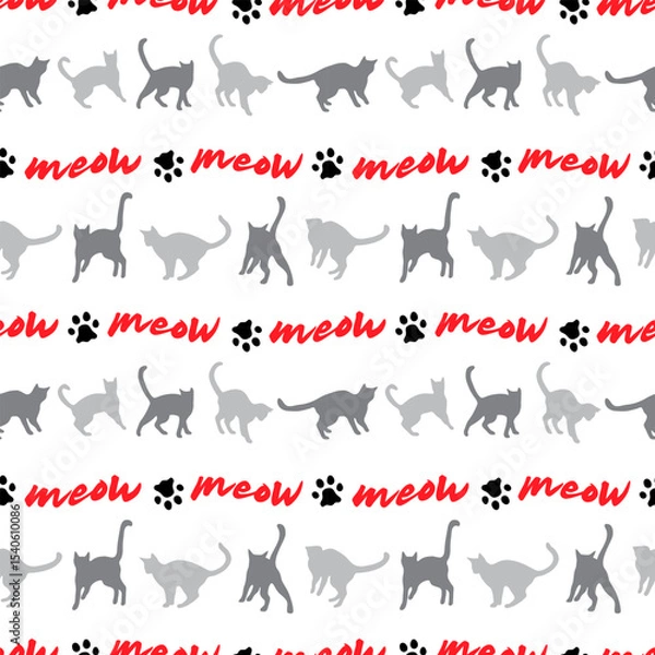 Fototapeta Black and gray silhouettes of cats on a white background with inscriptions and paw prints. Seamless pattern, print, vector illustration