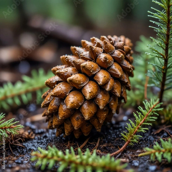 Fototapeta Watercolor macro of a small pine cone on the forest floor, wet with fresh rain, framed by fallen needles and lichen