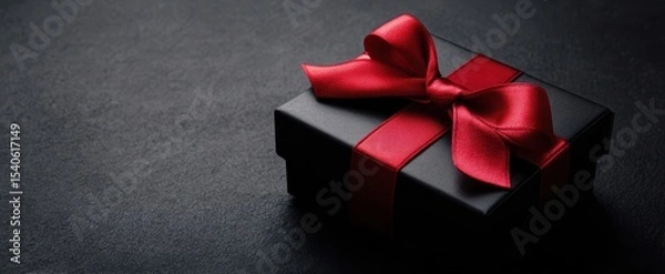 Fototapeta The elegant black gift box adorned with a vibrant red ribbon.