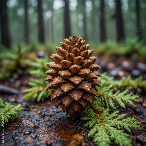 Fototapeta Watercolor macro of a small pine cone on the forest floor, wet with fresh rain, framed by fallen needles and lichen