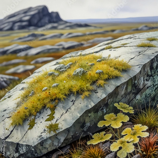 Fototapeta Close-up watercolor of lichen-covered rock in the tundra, rain glistening on the surface, with a single wind-stunted flower nodding in the wind