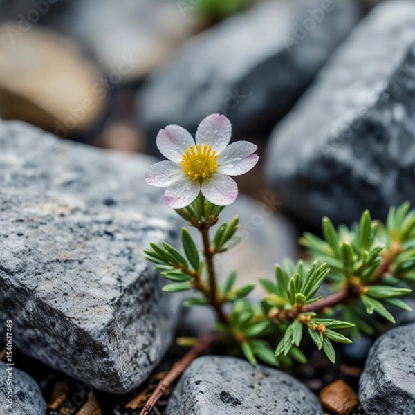 Fototapeta Macro watercolor of a tiny alpine blossom growing in a crack between stones, pelted by cold rain, with blurred evergreen trees in the mist behind
