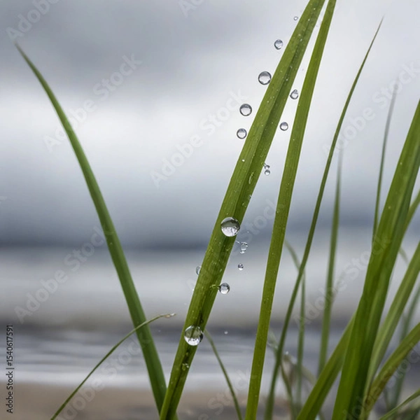 Fototapeta Close-up watercolor of windblown beach grass soaked in rain, one blade bent low and holding a droplet that reflects the gray sky.