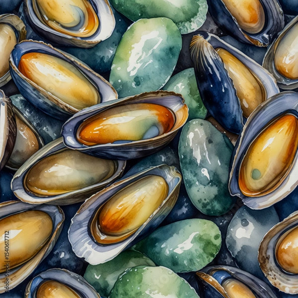 Fototapeta Macro watercolor of tightly packed mussels gleaming with rain, sea foam clinging to their edges as mist rolls in from a rocky shoreline