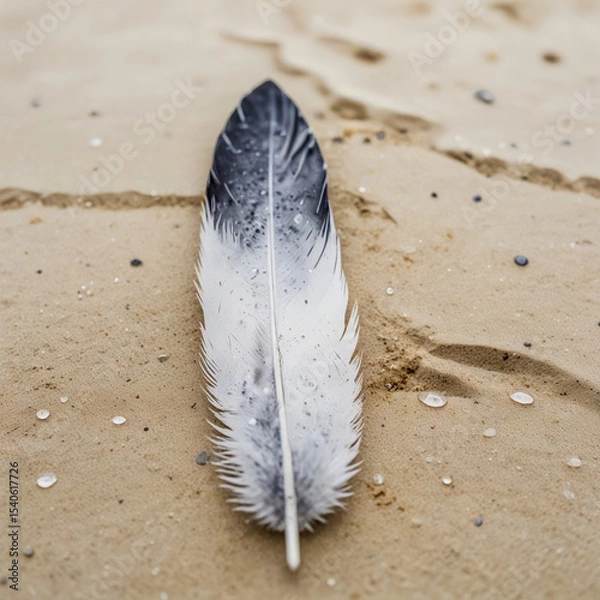 Fototapeta Macro watercolor of a single gray seagull feather laying across damp sand, rain forming tiny puddles around its barbs.