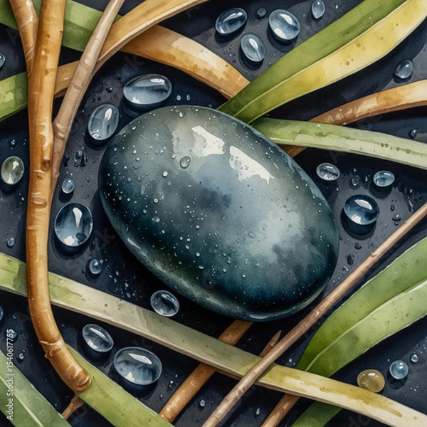 Fototapeta Macro-style watercolor of a smooth, rain-darkened pebble nestled among fresh kelp strands, light catching water droplets like glass beads