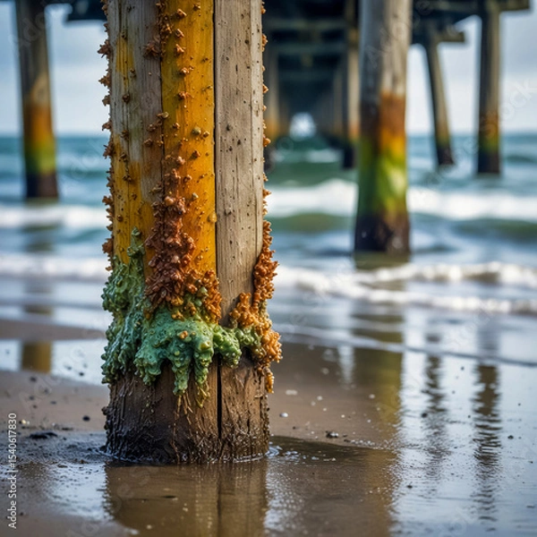 Fototapeta Macro-style watercolor of a barnacle-encrusted pier post in steady rain, soft reflections shimmering in the shallow saltwater below.