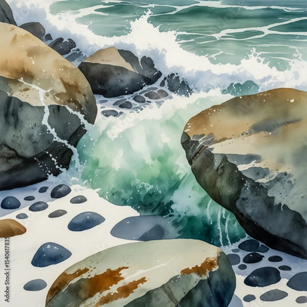 Fototapeta Close-up watercolor of seafoam collecting on the edge of a slick tide-washed rock during rain, fine bubbles interlaced with sea spray and mist