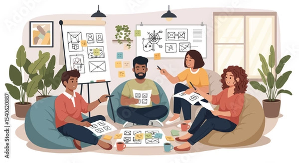 Obraz Creative agency team brainstorming brand strategy in a modern workspace – flat vector illustration
