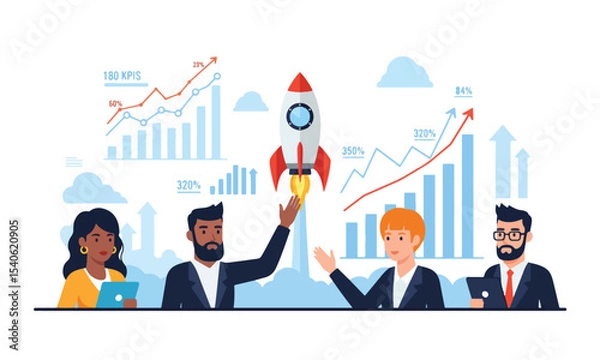Obraz Startup team launching new product with rocket and KPI charts – flat vector illustration