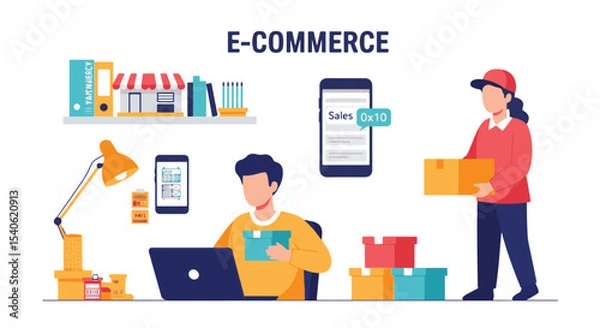 Obraz E-commerce business owner managing store and packaging parcels – flat vector illustration