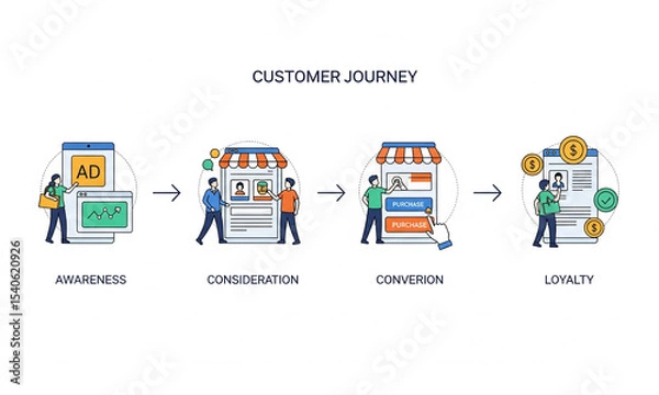Obraz Customer journey flat vector infographic – awareness to loyalty concept illustration