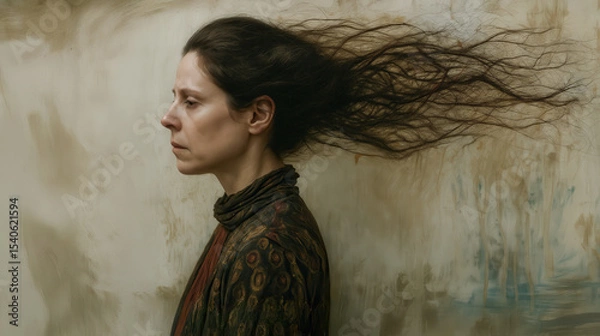 Obraz Illustration of a woman in profile, her dark hair flowing dramatically in an unseen wind, stands against a textured background.  Her pensive expression hints at inner turmoil.