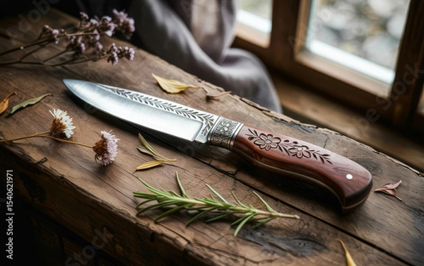 Fototapeta Carved Wooden Handle Knife with Floral Engraving on Rustic Table by Window. Decorative Knife Display