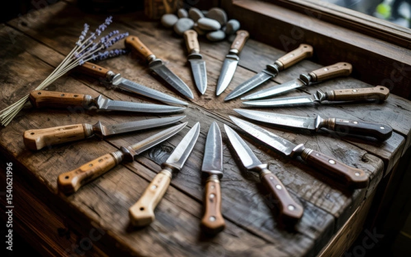 Fototapeta Collection of Vintage Knives with Wooden Handles Arranged in Circle on Wooden Table. Decorative Knife Display