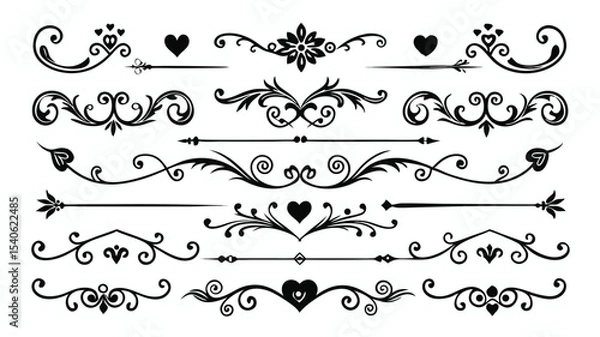 Obraz Set of decorative floral design elements with vintage scrolls and ornate borders
