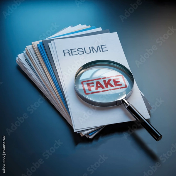 Fototapeta Magnifying Glass Revealing Fake Resume on Black Desk with Stack of Documents. Resume Fraud Detection