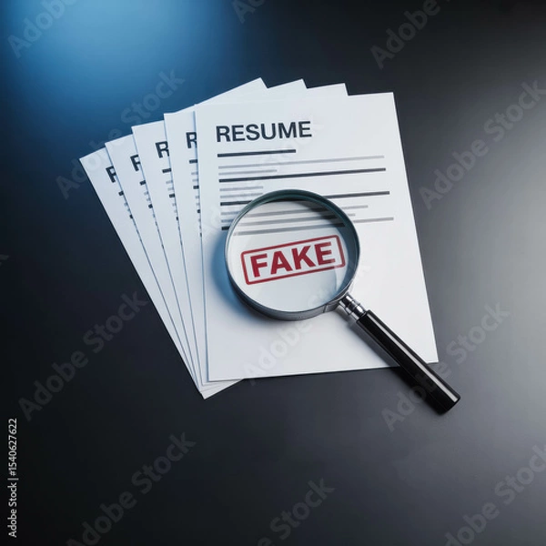 Fototapeta Magnifying Glass Revealing Fake Resume on Black Desk with Stack of Documents. Resume Fraud Detection