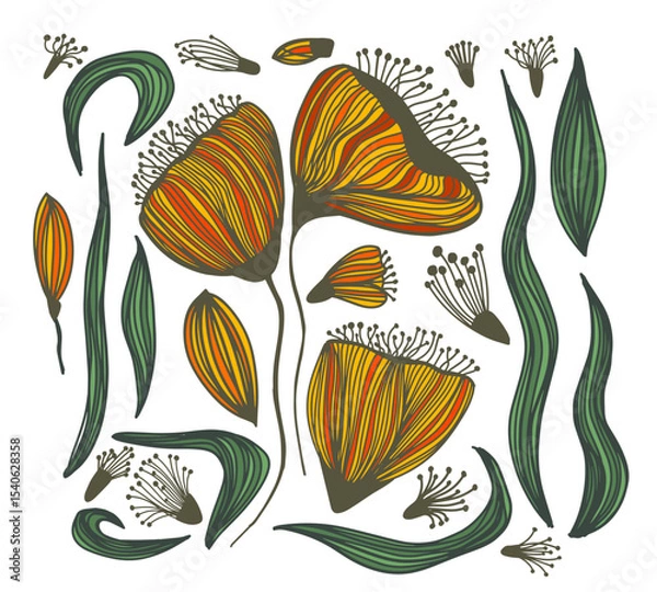 Obraz Set of yellow flowers constructor. . hand drawing. Not AI, Vector illustration.