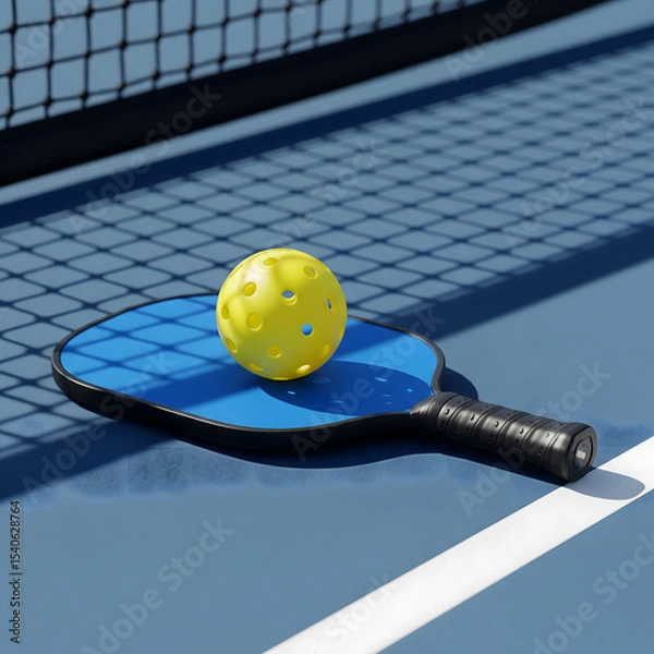 Fototapeta A vibrant yellow pickleball rests on a blue paddle, centered on a court with a net in the background. Generative AI.