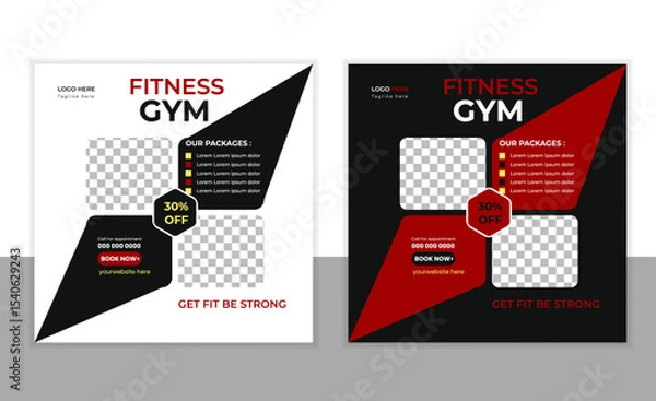 Obraz Gym Fitness social media post design template. Suitable for social media, flyers, banner, and web internet.Gym and fitness square banner social media post template	