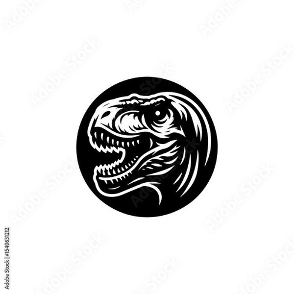 Fototapeta Illustration of a Tyrannosaurus Rex head inside a black circle, showcasing its teeth and detailed features.