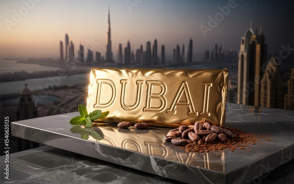 Fototapeta Elegant Gold Wrapped Dubai Chocolate Bar with Skyline Background and Cocoa Decor
