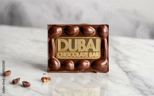 Fototapeta Luxury Dubai Chocolate Bar with Golden Label and Cocoa Beans. Dubai Chocolate