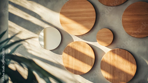 Fototapeta una pared o muro decorado elegante con circulos de madera y espejos diseño de interiores sencillo y de lujo