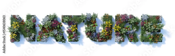 Fototapeta 3D render of the word "NATURE" made of colorful flowers and green grass with clipping path. Eco concept isolated on white background.