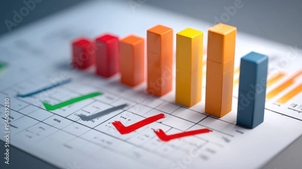 Fototapeta Colorful 3D bar chart on a paper with checkmarks analyzing data and trends in a business report.
