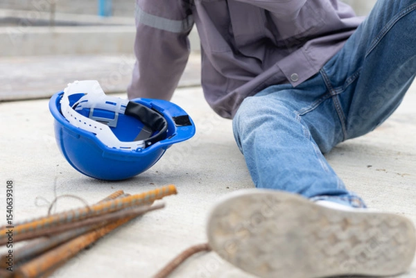 Fototapeta Worker lies on construction site floor with safety helmet suffer from accident