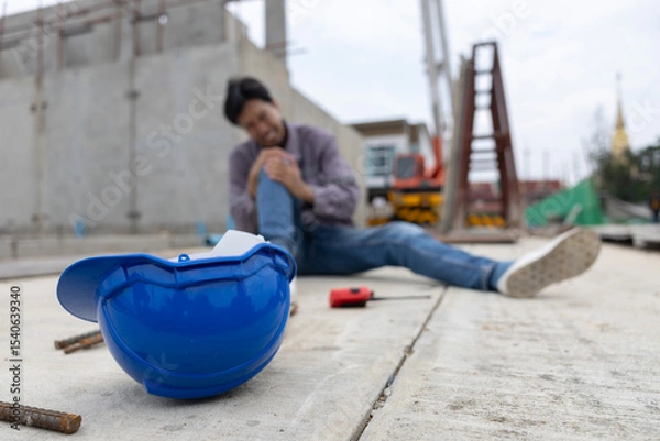 Fototapeta Worker lies on construction site floor with safety helmet suffer from accident