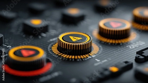 Fototapeta Close-up of black and orange audio mixer dials with play and warning symbols, highlighting detailed textures and controls.