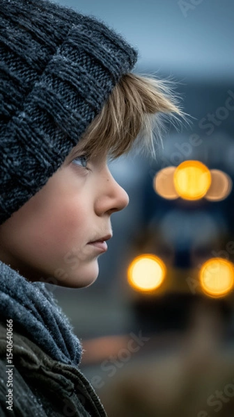 Obraz Boy Watching Train: A young boy, wearing a warm knit hat and scarf, gazes intently at a train in the distance, the warm lights of the locomotive blurring in the background.