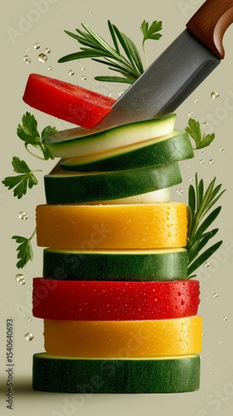 Obraz Vibrant Vegetable Symphony: A culinary masterpiece showcases fresh, colorful vegetable slices artfully stacked with a knife poised, and herbs creating a beautiful composition.