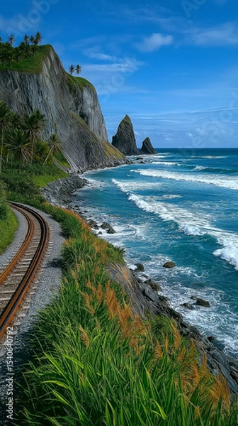 Obraz Coastal Railway's Serenity: A scenic coastal railway winds along the shoreline, offering stunning ocean views, with rugged cliffs, lush greenery, and a tranquil atmosphere.