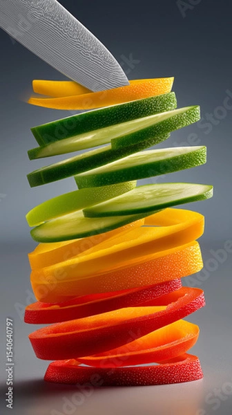 Obraz Colorful Vegetable Slices: A close-up view showcases artfully arranged slices of vibrant bell peppers and a cucumber, with a silver knife delicately poised above. These vivid.