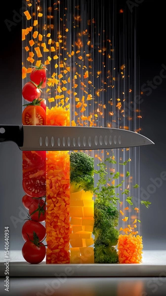 Obraz A Culinary Symphony: A knife slices through a vibrant arrangement of colorful vegetables, representing the art of cooking. Capturing the fresh and vibrant ingredients.