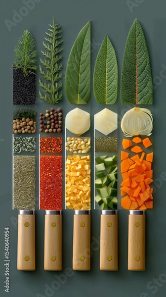 Fototapeta Culinary Composition: A vibrant and aesthetically pleasing composition showcasing an array of fresh ingredients, meticulously arranged with precision and detail.