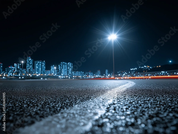 Obraz Night City Asphalt: A low-angle perspective of an empty asphalt road at night, with a bright streetlight illuminating the foreground and a modern cityscape shimmering in the distance.