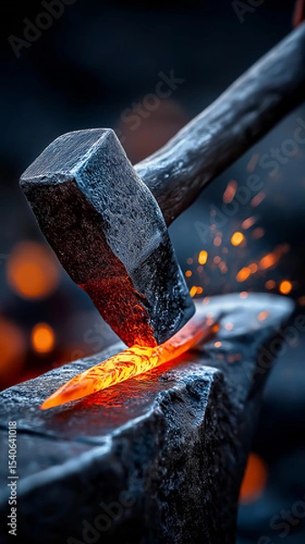 Obraz Hammer Strikes Hot Metal: In a burst of heat and energy, a hammer strikes hot metal on an anvil, as sparks fly in this high-action blacksmithing scene.